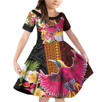 Papua New Guinea Birds and Frangipani Family Matching Off Shoulder Short Dress and Hawaiian Shirt Melanesian Art Tattoos LT03 Daughter's Dress Black - Polynesian Pride