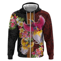 Papua New Guinea Birds and Frangipani Hoodie Melanesian Art Tattoos LT03 Zip Hoodie Black - Polynesian Pride