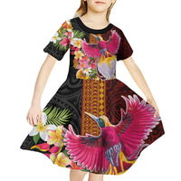 Papua New Guinea Birds and Frangipani Kid Short Sleeve Dress Melanesian Art Tattoos LT03 - Polynesian Pride
