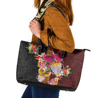 Papua New Guinea Birds and Frangipani Leather Tote Bag Melanesian Art Tattoos LT03 Black - Polynesian Pride