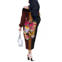 Papua New Guinea Birds and Frangipani Off The Shoulder Long Sleeve Dress Melanesian Art Tattoos LT03 - Polynesian Pride