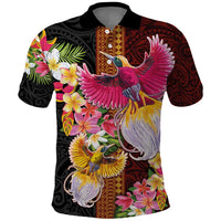 Papua New Guinea Birds and Frangipani Polo Shirt Melanesian Art Tattoos LT03 Black - Polynesian Pride