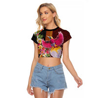 Papua New Guinea Birds and Frangipani Raglan Cropped T Shirt Melanesian Art Tattoos LT03 Female Black - Polynesian Pride