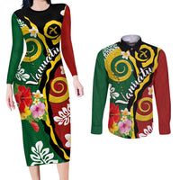 Melanesian Vanuatu Tribal Boar Tusk Couples Matching Long Sleeve Bodycon Dress and Long Sleeve Button Shirt Tropical Plants and Namele Motifs LT03 Green - Polynesian Pride