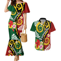 Melanesian Vanuatu Tribal Boar Tusk Couples Matching Mermaid Dress and Hawaiian Shirt Tropical Plants and Namele Motifs LT03 Green - Polynesian Pride