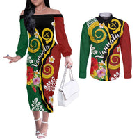 Melanesian Vanuatu Tribal Boar Tusk Couples Matching Off The Shoulder Long Sleeve Dress and Long Sleeve Button Shirt Tropical Plants and Namele Motifs LT03 Green - Polynesian Pride