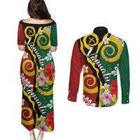 Melanesian Vanuatu Tribal Boar Tusk Couples Matching Puletasi and Long Sleeve Button Shirt Tropical Plants and Namele Motifs LT03 - Polynesian Pride