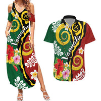 Melanesian Vanuatu Tribal Boar Tusk Couples Matching Summer Maxi Dress and Hawaiian Shirt Tropical Plants and Namele Motifs LT03 Green - Polynesian Pride