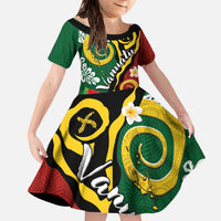 Melanesian Vanuatu Tribal Boar Tusk Family Matching Off The Shoulder Long Sleeve Dress and Hawaiian Shirt Tropical Plants and Namele Motifs LT03 Daughter's Dress Green - Polynesian Pride
