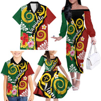 Melanesian Vanuatu Tribal Boar Tusk Family Matching Off The Shoulder Long Sleeve Dress and Hawaiian Shirt Tropical Plants and Namele Motifs LT03 - Polynesian Pride