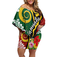 Melanesian Vanuatu Tribal Boar Tusk Family Matching Off Shoulder Short Dress and Hawaiian Shirt Tropical Plants and Namele Motifs LT03 Mom's Dress Green - Polynesian Pride