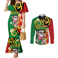 Vanuatu Christmas Couples Matching Mermaid Dress and Long Sleeve Button Shirt Funny Santa with Namele and Boar Tusk Tribal LT03 Green - Polynesian Pride