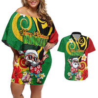 Vanuatu Christmas Couples Matching Off Shoulder Short Dress and Hawaiian Shirt Funny Santa with Namele and Boar Tusk Tribal LT03 Green - Polynesian Pride