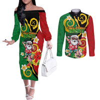 Vanuatu Christmas Couples Matching Off The Shoulder Long Sleeve Dress and Long Sleeve Button Shirt Funny Santa with Namele and Boar Tusk Tribal LT03 Green - Polynesian Pride