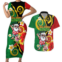 Vanuatu Christmas Couples Matching Short Sleeve Bodycon Dress and Hawaiian Shirt Funny Santa with Namele and Boar Tusk Tribal LT03 Green - Polynesian Pride