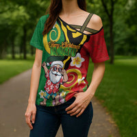 Vanuatu Christmas Cross Shoulder Shirt Funny Santa with Namele and Boar Tusk Tribal LT03 - Polynesian Pride