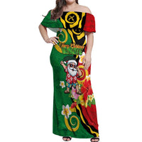 Vanuatu Christmas Off Shoulder Maxi Dress Funny Santa with Namele and Boar Tusk Tribal LT03 Women Green - Polynesian Pride