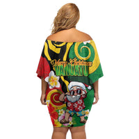 Vanuatu Christmas Off Shoulder Short Dress Funny Santa with Namele and Boar Tusk Tribal LT03 - Polynesian Pride