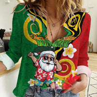 Vanuatu Christmas Women Casual Shirt Funny Santa with Namele and Boar Tusk Tribal LT03 Female Green - Polynesian Pride