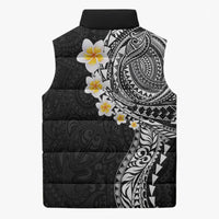 Hawaiian Tribal Tattoo and Plumeria Sleeveless Puffer Jacket Polynesian Pattern Black Color