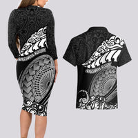 New Zealand Rugby Couples Matching Long Sleeve Bodycon Dress and Hawaiian Shirt Maori Warrior Rugby Silver Fern Tribal Pattern LT03 - Polynesian Pride