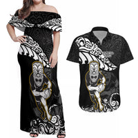 New Zealand Rugby Couples Matching Off Shoulder Maxi Dress and Hawaiian Shirt Maori Warrior Rugby Silver Fern Tribal Pattern LT03 Black - Polynesian Pride