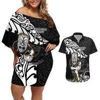 New Zealand Rugby Couples Matching Off Shoulder Short Dress and Hawaiian Shirt Maori Warrior Rugby Silver Fern Tribal Pattern LT03 Black - Polynesian Pride