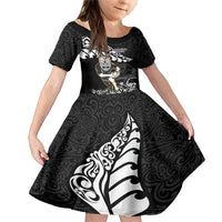 New Zealand Rugby Family Matching Mermaid Dress and Hawaiian Shirt Maori Warrior Rugby Silver Fern Tribal Pattern LT03 Daughter's Dress Black - Polynesian Pride