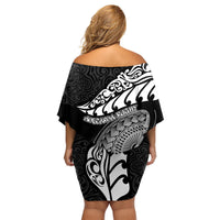 New Zealand Rugby Family Matching Off Shoulder Short Dress and Hawaiian Shirt Maori Warrior Rugby Silver Fern Tribal Pattern LT03 - Polynesian Pride