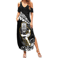 New Zealand Rugby Family Matching Summer Maxi Dress and Hawaiian Shirt Maori Warrior Rugby Silver Fern Tribal Pattern LT03 Mom's Dress Black - Polynesian Pride