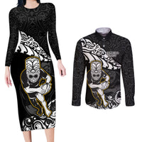 Custom New Zealand Rugby Couples Matching Long Sleeve Bodycon Dress and Long Sleeve Button Shirts Maori Warrior Rugby Silver Fern Tribal Pattern LT03 Black - Polynesian Pride