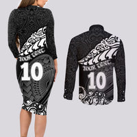 Custom New Zealand Rugby Couples Matching Long Sleeve Bodycon Dress and Long Sleeve Button Shirts Maori Warrior Rugby Silver Fern Tribal Pattern LT03 - Polynesian Pride