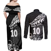 Custom New Zealand Rugby Couples Matching Off Shoulder Maxi Dress and Long Sleeve Button Shirts Maori Warrior Rugby Silver Fern Tribal Pattern LT03 - Polynesian Pride