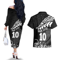 Custom New Zealand Rugby Couples Matching Off The Shoulder Long Sleeve Dress and Hawaiian Shirt Maori Warrior Rugby Silver Fern Tribal Pattern LT03 - Polynesian Pride