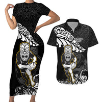 Custom New Zealand Rugby Couples Matching Short Sleeve Bodycon Dress and Hawaiian Shirt Maori Warrior Rugby Silver Fern Tribal Pattern LT03 Black - Polynesian Pride