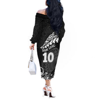 Custom New Zealand Rugby Off The Shoulder Long Sleeve Dress Maori Warrior Rugby Silver Fern Tribal Pattern LT03 - Polynesian Pride