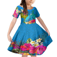 Polynesian Family Matching Mermaid Dress and Hawaiian Shirt The Turtle Jung Flower with Maori Pattern Ethnic Style LT03 Daughter's Dress Blue - Polynesian Pride