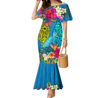Polynesian Family Matching Mermaid Dress and Hawaiian Shirt The Turtle Jung Flower with Maori Pattern Ethnic Style LT03 Mom's Dress Blue - Polynesian Pride