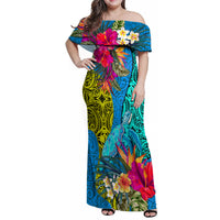 Polynesian Family Matching Off Shoulder Maxi Dress and Hawaiian Shirt The Turtle Jung Flower with Maori Pattern Ethnic Style LT03 Mom's Dress Blue - Polynesian Pride