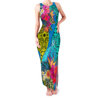 Polynesian Family Matching Tank Maxi Dress and Hawaiian Shirt The Turtle Jung Flower with Maori Pattern Ethnic Style LT03 Mom's Dress Blue - Polynesian Pride