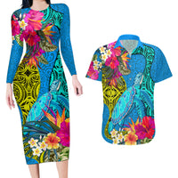 Custom Polynesian Couples Matching Long Sleeve Bodycon Dress and Hawaiian Shirt The Turtle Jung Flower with Maori Pattern Ethnic Style LT03 Blue - Polynesian Pride