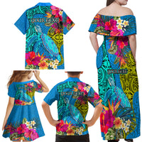 Custom Polynesian Family Matching Off Shoulder Maxi Dress and Hawaiian Shirt The Turtle Jung Flower with Maori Pattern Ethnic Style LT03 - Polynesian Pride