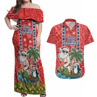 Hawaii Christmas Couples Matching Off Shoulder Maxi Dress and Hawaiian Shirt The Santa Surfing Hawaii Xmas Style LT03 Red - Polynesian Pride