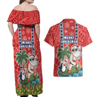 Hawaii Christmas Couples Matching Off Shoulder Maxi Dress and Hawaiian Shirt The Santa Surfing Hawaii Xmas Style LT03 - Polynesian Pride