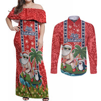 Hawaii Christmas Couples Matching Off Shoulder Maxi Dress and Long Sleeve Button Shirts The Santa Surfing Hawaii Xmas Style LT03 Red - Polynesian Pride
