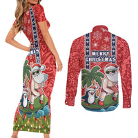 Hawaii Christmas Couples Matching Short Sleeve Bodycon Dress and Long Sleeve Button Shirts The Santa Surfing Hawaii Xmas Style LT03 - Polynesian Pride