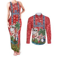 Hawaii Christmas Couples Matching Tank Maxi Dress and Long Sleeve Button Shirts The Santa Surfing Hawaii Xmas Style LT03 Red - Polynesian Pride