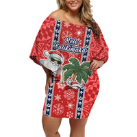 Hawaii Christmas Family Matching Off Shoulder Short Dress and Hawaiian Shirt The Santa Surfing Hawaii Xmas Style LT03 Mom's Dress Red - Polynesian Pride