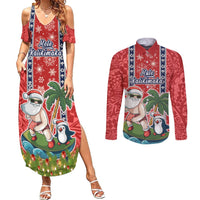 Custom Hawaii Christmas Couples Matching Summer Maxi Dress and Long Sleeve Button Shirts The Santa Surfing Hawaii Xmas Style LT03 Red - Polynesian Pride