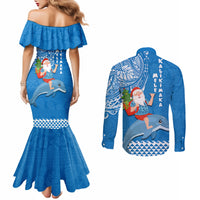 Hawaii Mele Kalikimaka Couples Matching Mermaid Dress and Long Sleeve Button Shirt Santa Riding The DolPhin Mix Kakau Pattern Blue Style LT03 - Polynesian Pride